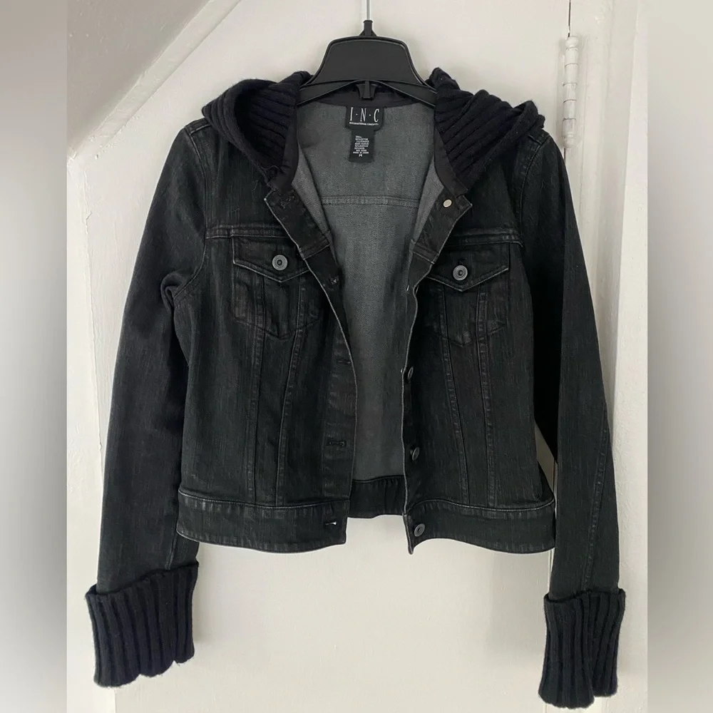 INC International Concepts Black Denim Jacket with Knit Hood and Cuffs S…